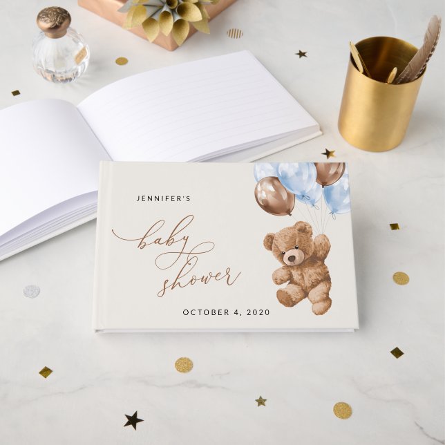 Livre D'or ours en peluche, ours bébé, Ballons bleus, Baby sh (Recto ouvert)