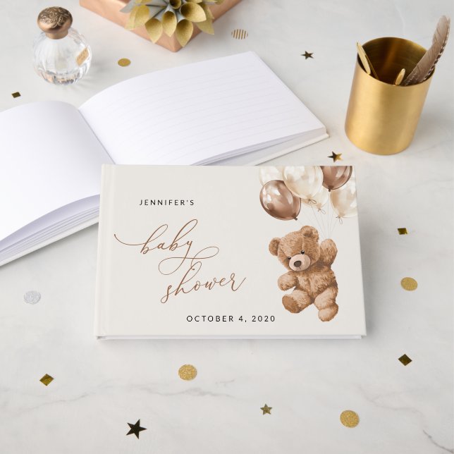 Livre D'or ours en peluche, ours bébé, ballons Brown, Baby sh (Recto ouvert)