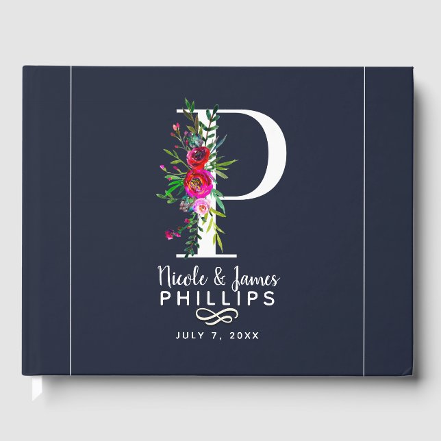 Livre D'or P Lettre Initiale Monogramme Floral Nom Mariage (Recto)