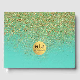 Livre D'or Paillettes dorées en cascade et Aqua sarcelle Glam