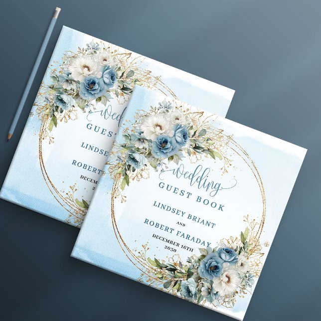 Livre d'or Paillettes Dorées Floral Vert Clair (Light Blue Floral Greenery Gold Glitter Guest Book

)