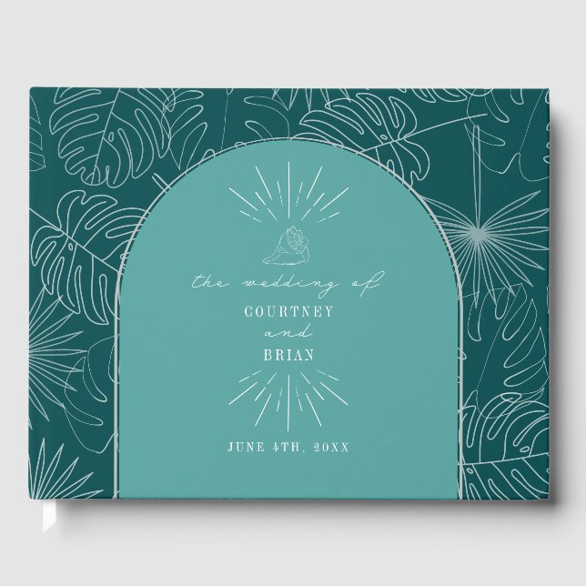 Livre D'or Palm Feuille Seashell Plage Turquoise Mariage (Recto)