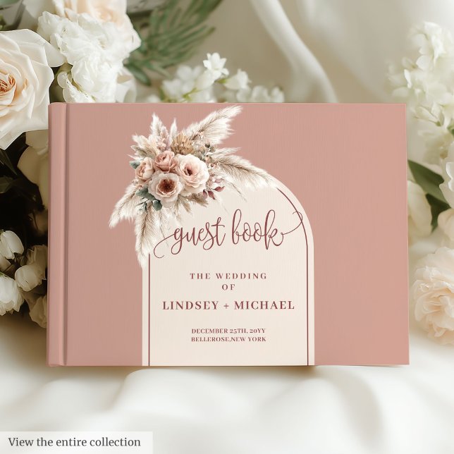Livre D'or Pampas rose poussiéreux intemporel Roses Boho Arch (Timeless Dusty Pink Pampas Roses Boho Arch Wedding Guest Book)