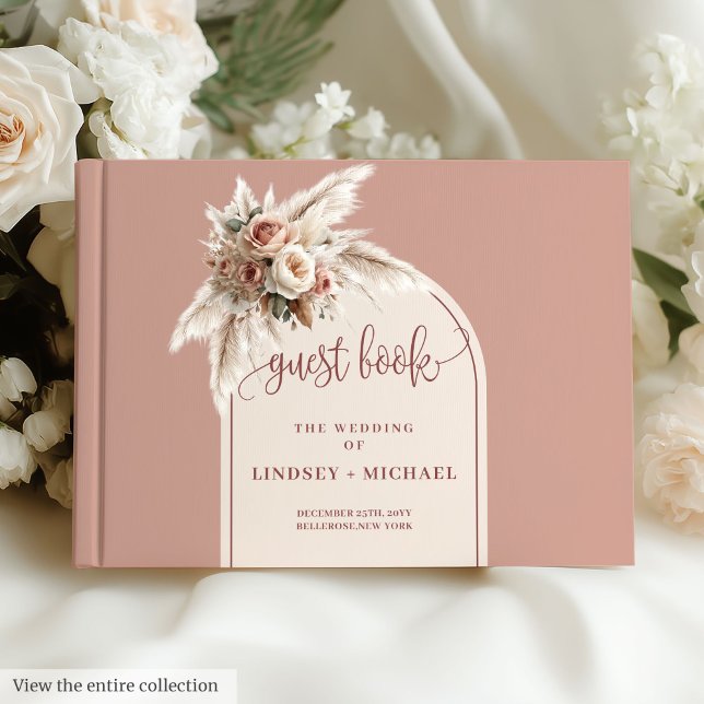 Livre D'or Pampas rose simple Dusty Roses Boho Arch Mariage (Simple Dusty Pink Pampas Roses Boho Arch Wedding Guest Book)