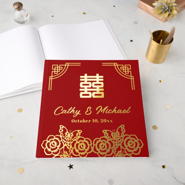 Livre D'or Papeterie mariage de fleur de pivoine chinoise (Recto ouvert)