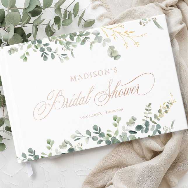 Livre D'or Papier à lettres Eucalyptus  Mariage (Personalized Eucalyptus Handwriting Script Bridal Shower Foil Guest Book)
