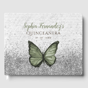 Livre D'or Papillon argenté vintage Sage d'olive Quinceañera