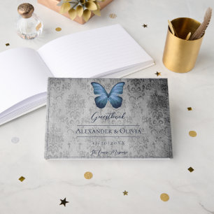 Livre D'or Papillon bleu Vintage Mariage damassé