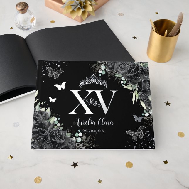 Livre D'or Papillons aux fleurs Rose noirs Silver Quinceañera (Recto ouvert)
