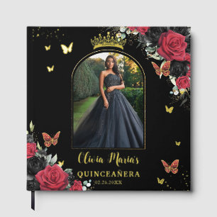 Livre D'or Papillons floraux noirs rouges Quinceañera Photo