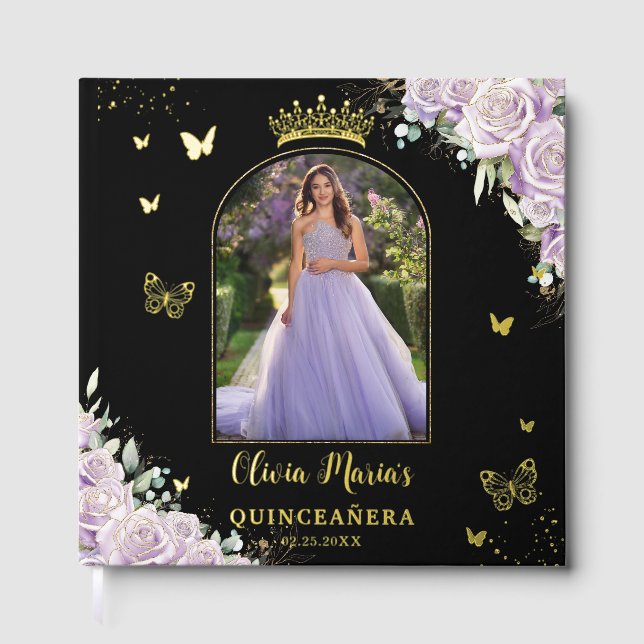 Livre D'or Papillons floraux pourpres Lilac Quinceañera Photo (Recto)