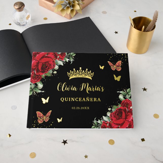 Livre D'or Papillons floraux rouges chic Quinceanera Noir Or (Recto ouvert)