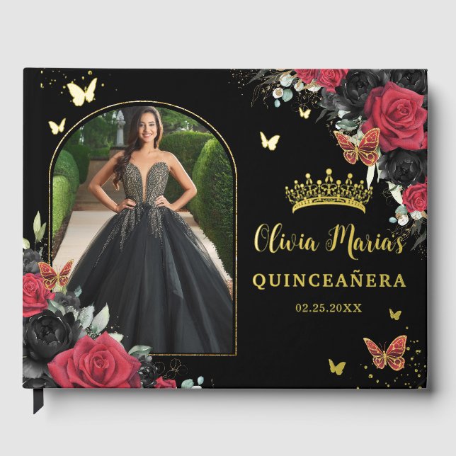 Livre D'or Papillons floraux rouges et noirs Quinceañera Phot (Recto)