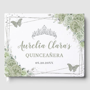 Livre D'or Papillons floraux vert Sage Silver Quinceañera