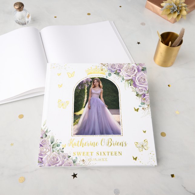 Livre D'or Papillons floraux violets Lilac doux 16 15 Photo (Recto ouvert)