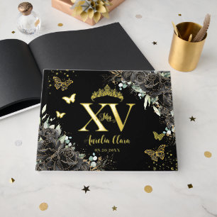 Livre D'or Papillons Rose noirs à fleurs Gold Quinceañera