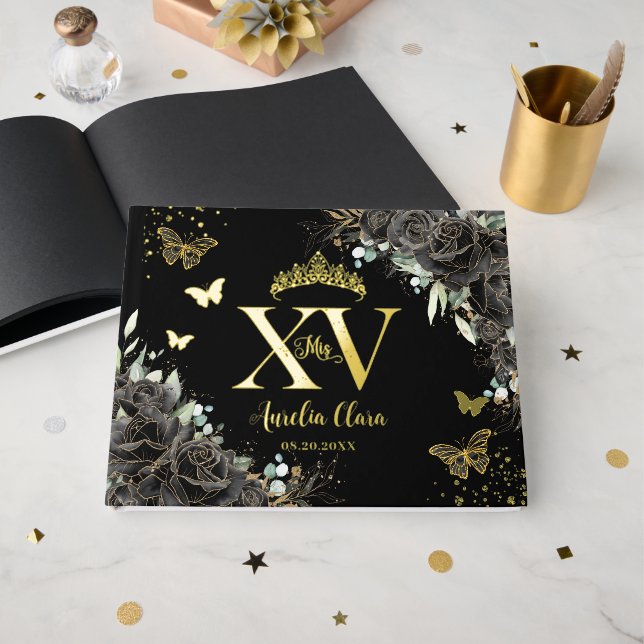 Livre D'or Papillons Rose noirs à fleurs Gold Quinceañera (Recto ouvert)