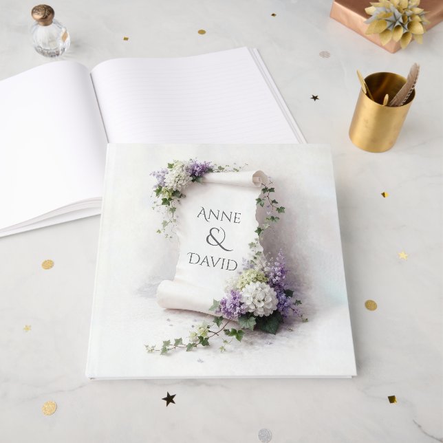 Livre D'or Parchemin de mariage aux lilas et hydrangeas (Recto ouvert)