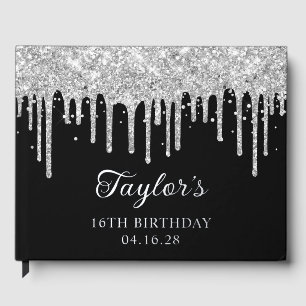 Livre D'or Parties scintillant argent gouttes noir 16e annive