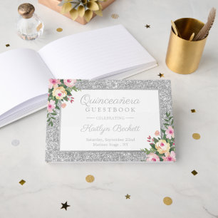 Livre D'or Parties scintillant d'argent Floral Quinceañera 15