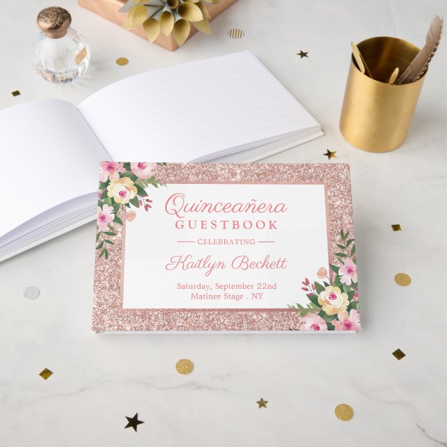 Livre D'or Parties scintillant d'or rose Floral Quinceañera 1 (Recto ouvert)