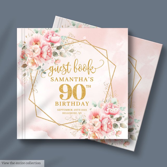 Livre D'or Parties scintillant or rose pâle élégant Floral 90 (Stylish Pale Pink Gold Glitter Floral 90 Birthday Guest Book)