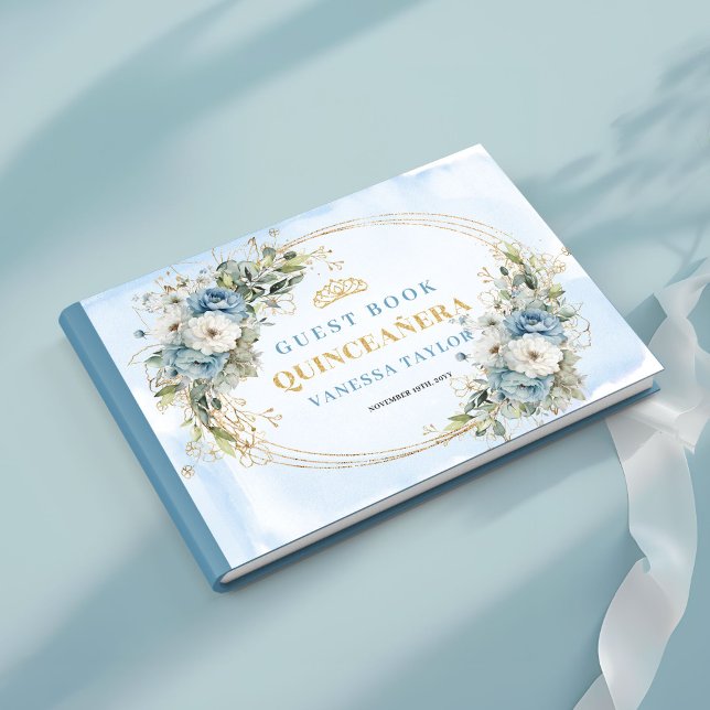 Livre D'or Pastel Blue Boho Quince with Gold Greenery guest  (Pastel Blue Boho Quince with Gold Greenery guest book)