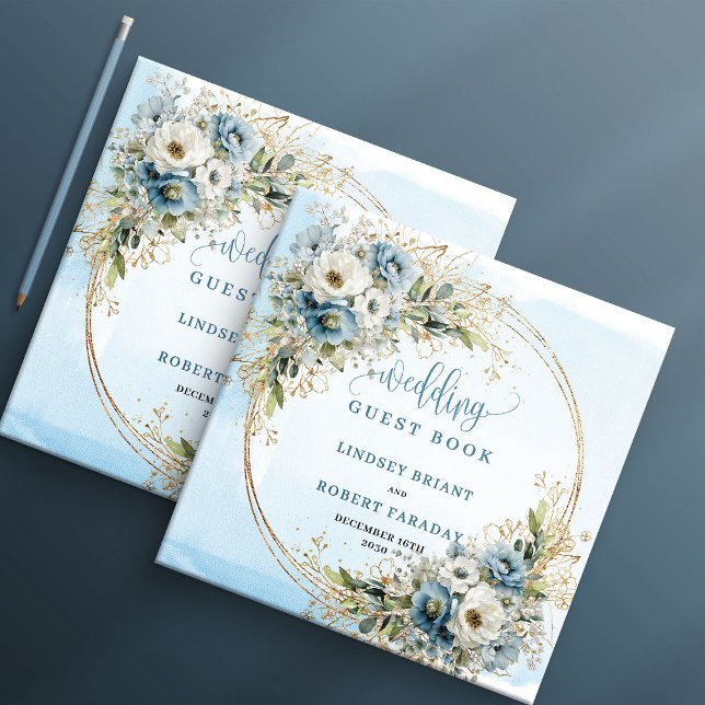 Livre D'or Pastel Blue Floral Greenery Gold Glitter Sign In (Pastel Blue Floral Greenery Gold Glitter Guest Book

)