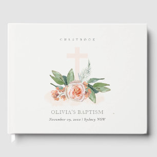 Livre D'or Pastel Doux Peach Rose Floral Cross Bunch Baptême