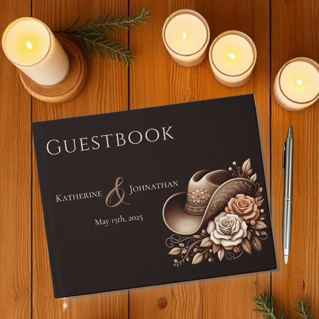 Livre D'or Pays Western Cowgirl Casquette avec fleurs (Country Western Cowgirl Hat with Flowers Guest Book )