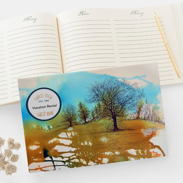 Livre D'or Paysage arboré Aquarelle Art Location de vacances (Tree Landscape Watercolor Art Vacation Rental Guest Book from Jenn's Emporium. )
