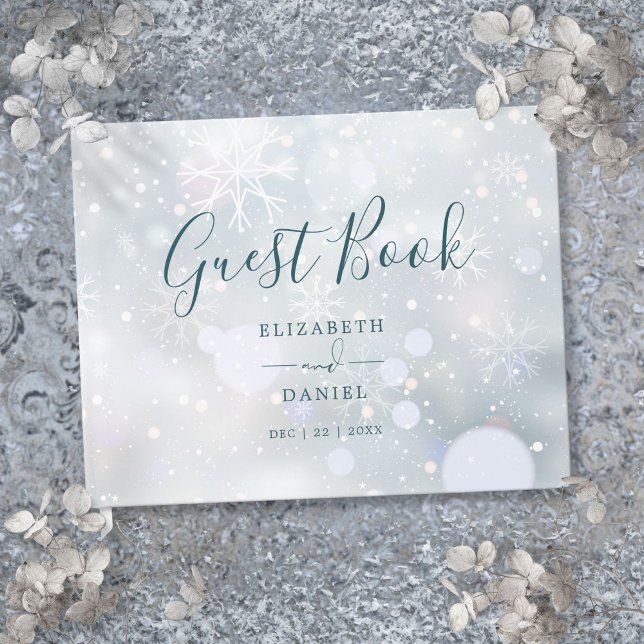Livre D'or Paysage hivernal élégant Écriture neige Mariage (Winter Wonderland Elegant Script Snow Wedding Guest Book)