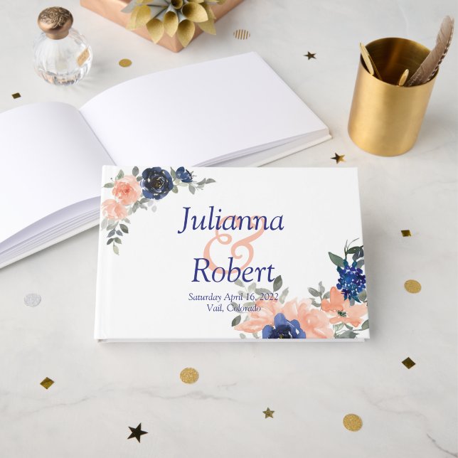 Livre D'or Pêche et bleu aquarelle fleurie invité b (Recto ouvert)