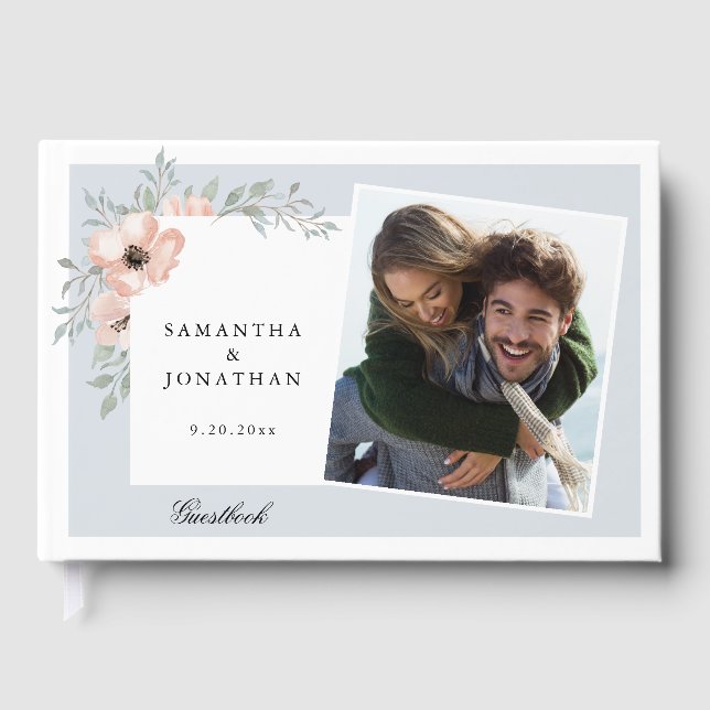 Livre D'or Pêcher Floral Dusty Blue 2 Photos Mariage (Recto)