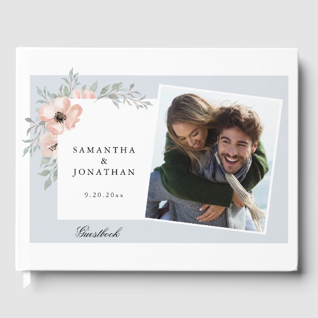 Livre D'or Pêcher Floral Dusty Blue 2 Photos Mariage (Recto)