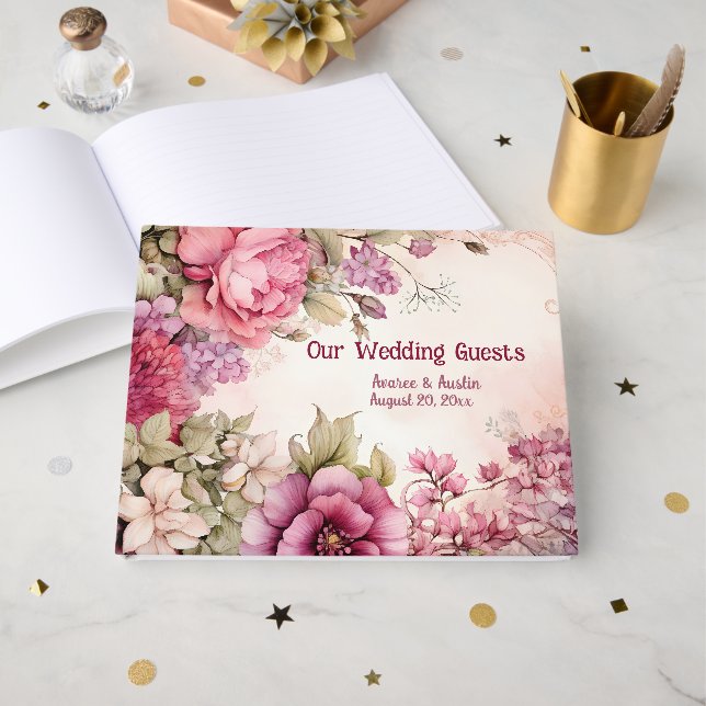 Livre D'or Peonies roses Asters Mariage Floral (Recto ouvert)