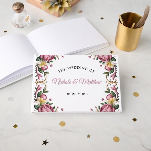 Livre D'or Peonies roses Rococo Mariage cadre (Recto ouvert)