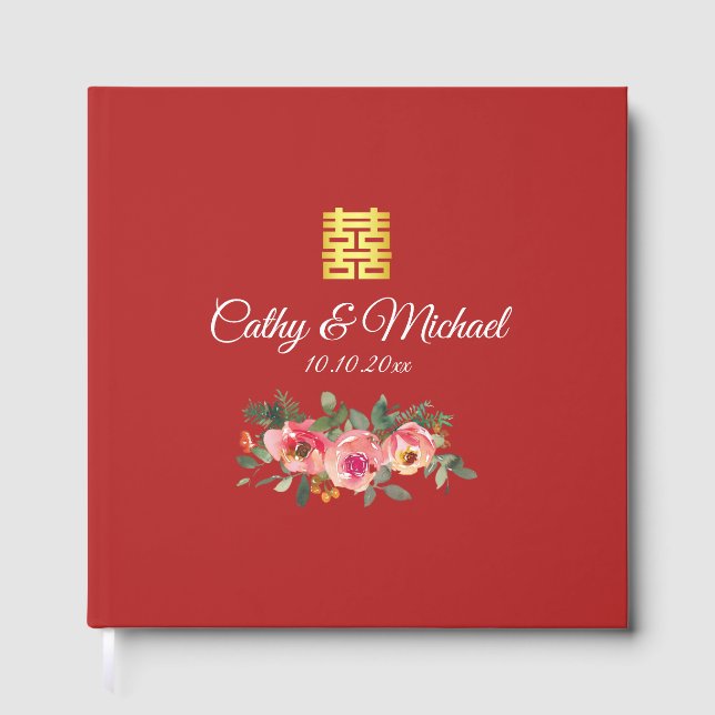 Livre D'or Peony floral double bonheur chinois mariage rouge (Recto)