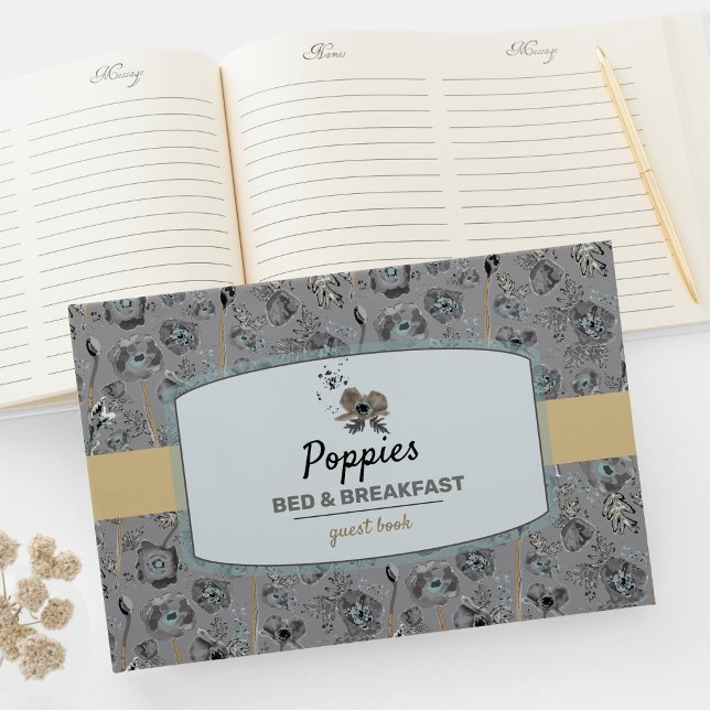 Livre D'or Pépies Aquarelle Motif Floral (Poppies Gray Light Blue Watercolor Floral Pattern Guest  Book from Jenn Steffen Studio Posies
)