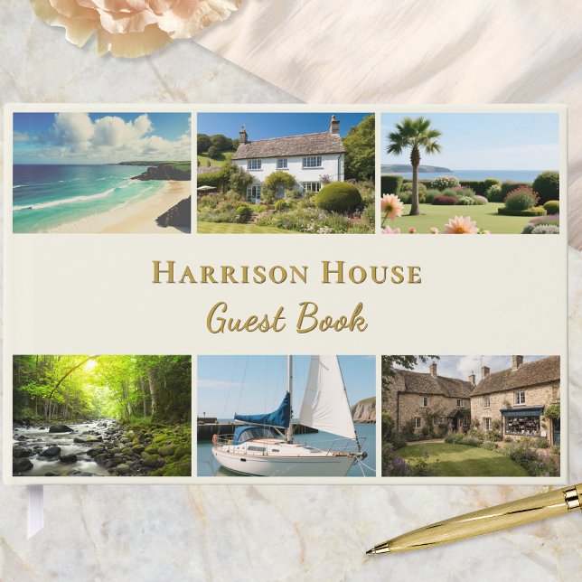 Livre D'or Personalized 6 Photo Home, Rental or Wedding (A guest book in elegant cream and faux gold, customizable with 6 photos, title, and text on the back)
