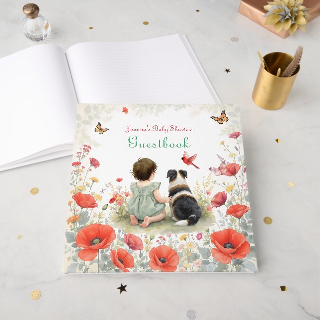 Livre D'or Personalized Baby Girl and her Puppy Baby Shower  (Recto ouvert)