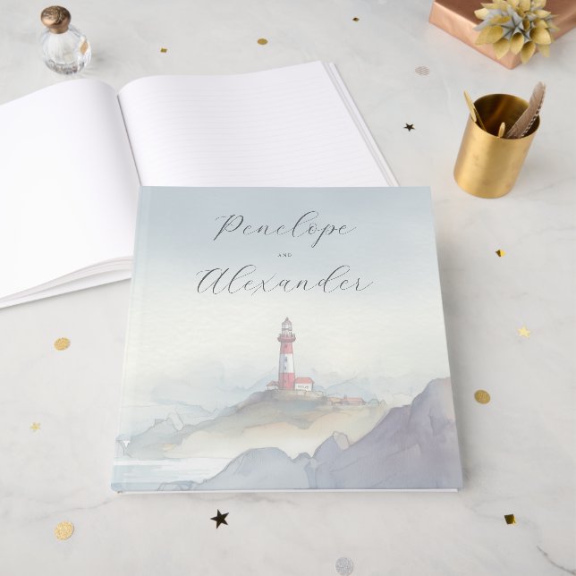 Livre D'or Phare à l'aquarelle Bleu Tranquille (Recto ouvert)