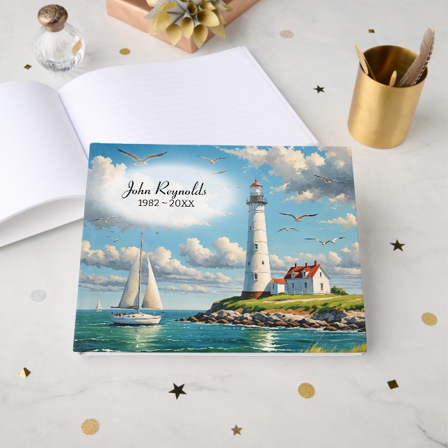 Livre D'or Phare blanc avec voilier (Recto ouvert)