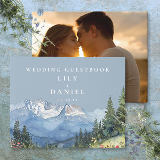 Livre D'or Photo de mariage de montagne à l'aquarelle bleu po