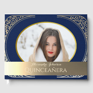 Livre D'or Photo Quinceanera Marine Bleu et Or