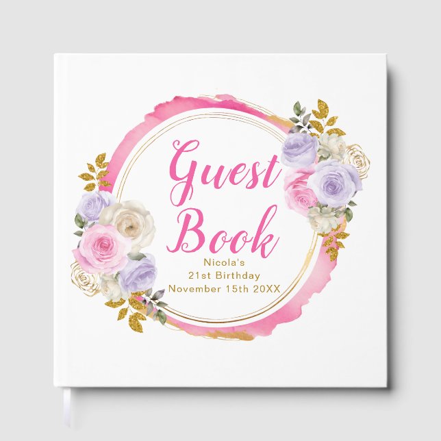 Livre D'or Pink and Purple Elegant Flowers Birthday Party (Recto)