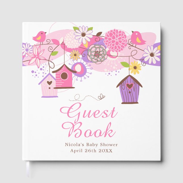 Livre D'or Pink and Purple Floral Bird Houses Baby Shower (Recto)