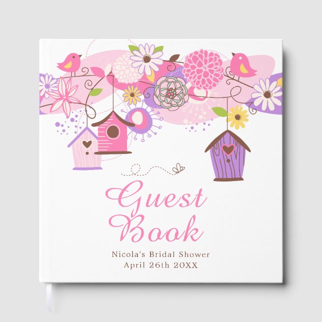 Livre D'or Pink and Purple Floral Bird Houses Bridal Shower (Recto)