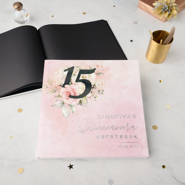 Livre D'or Pink Floral 15e anniversaire Script Party Silver F (Recto ouvert)