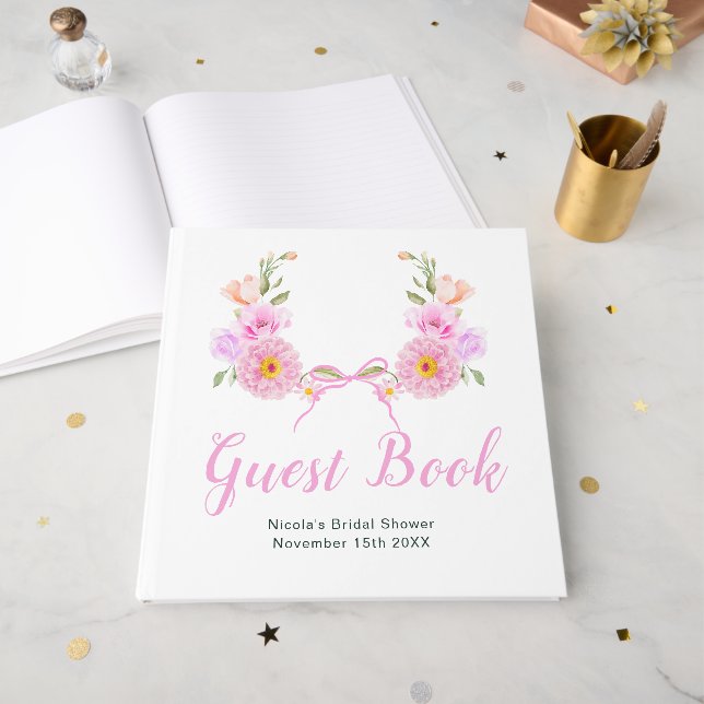 Livre D'or Pink Floral Ribbon Bridal Shower Guest Book (Recto ouvert)